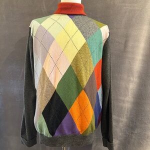 New Henry Jacobson, size Lg, 16-color argyle Silk/cashmere turtleneck sweater